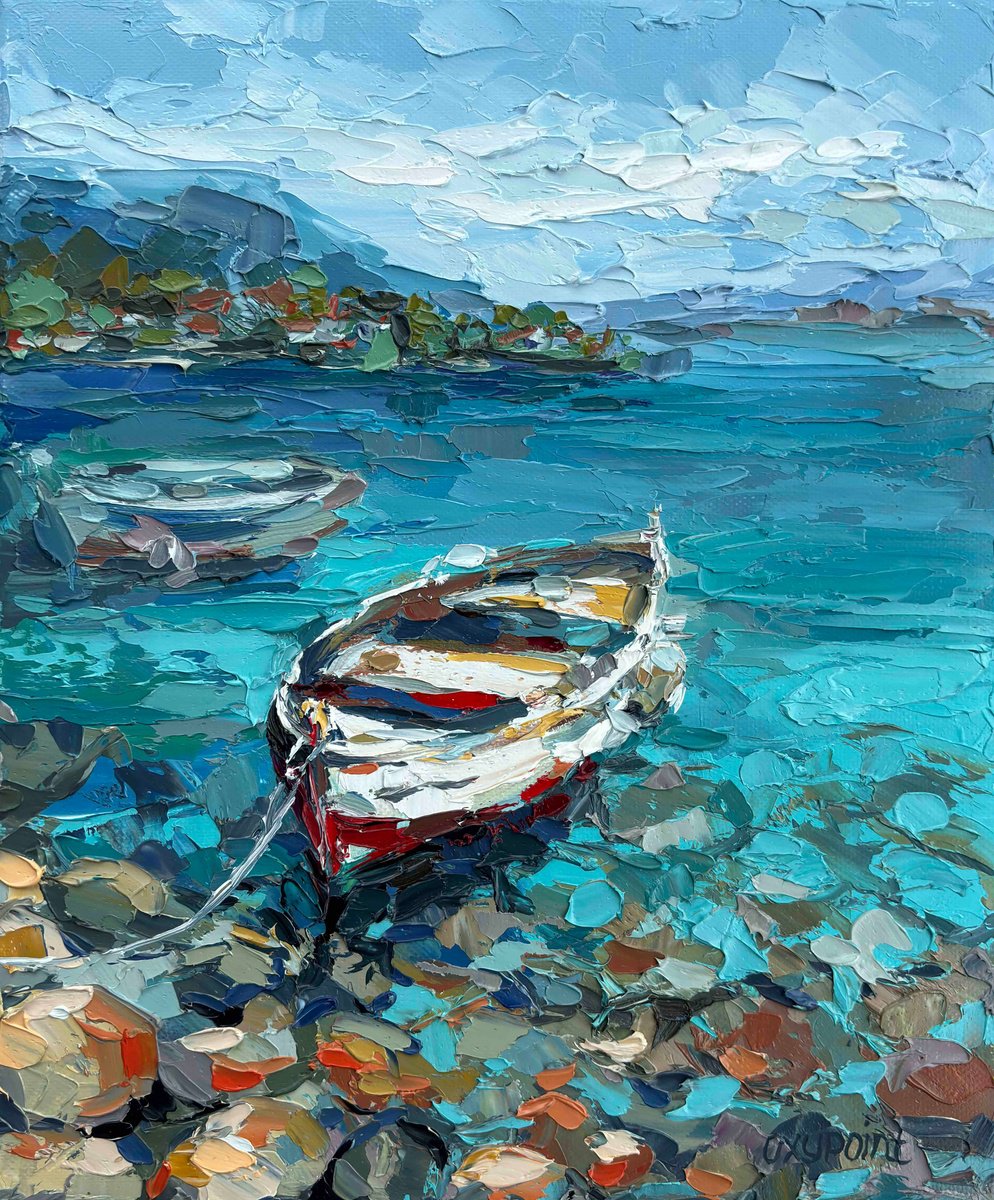 Boat By The Shore Seascape Painting By Oxypoint, 10 X 12, Artwork For Sale On Artfinder