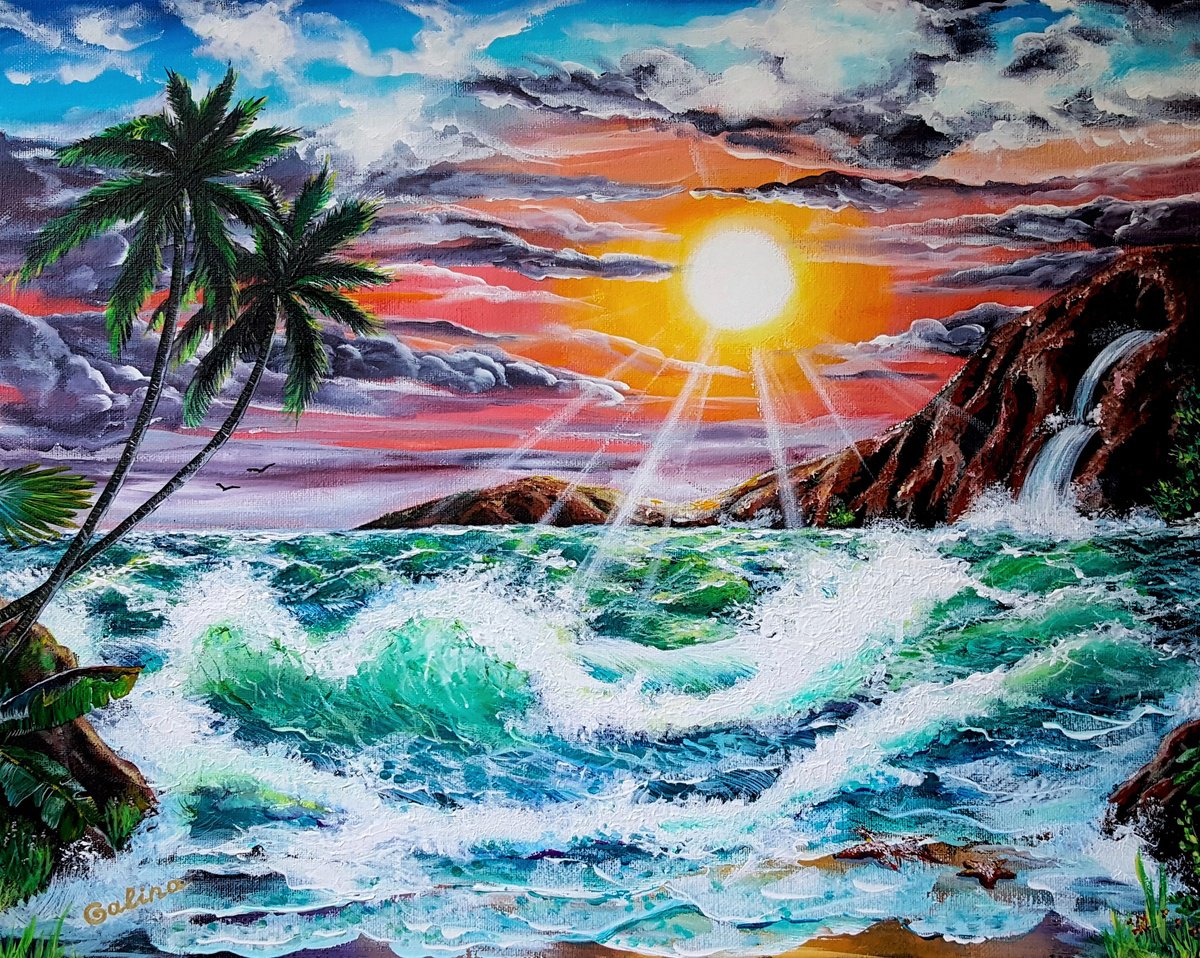 Naive Landscape Acrylic Painting By Galina Victoria, 20 X 16, Majestic Sunset In Hawaii, Original Artwork