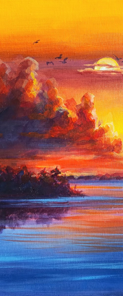 Beautiful bright sunset on the river by Anastasia Art Line