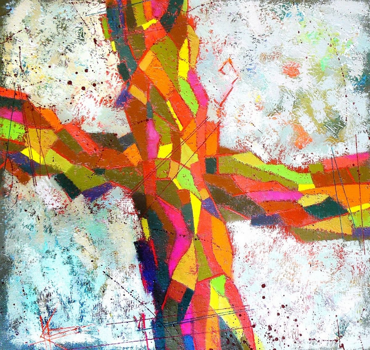 Geometric Abstract Oil Painting By Oksana Kornienko, 37 X 35", Connectivity, Original Artwork