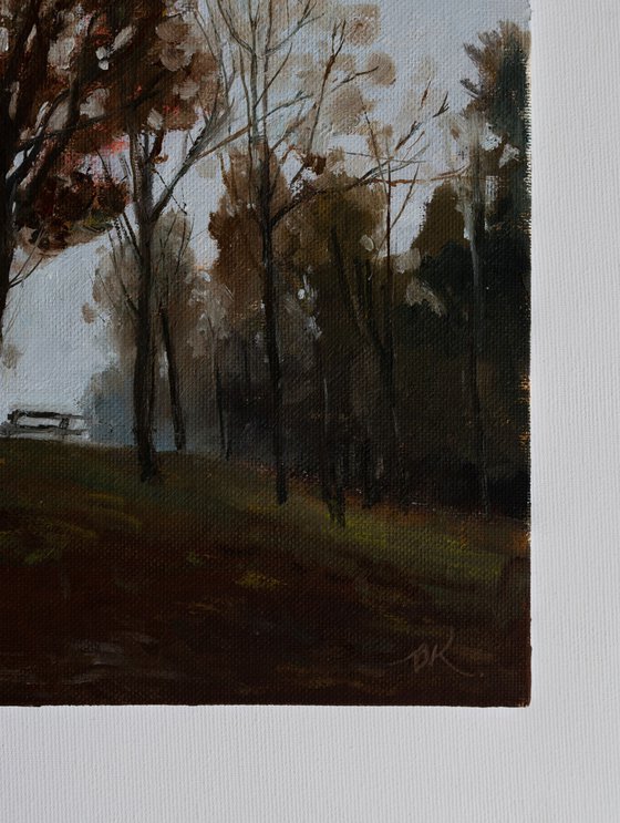 Foggy evening in October oil study