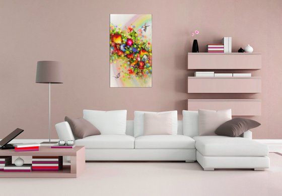 "Hummingbirds and Rainbow" LARGE painting