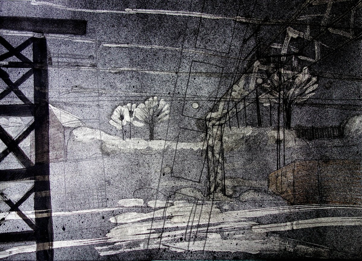 Abstract Cityscapes Pencil Drawing By Elizabeth Anne Fox, 28 X 20, Stockport Railside, Original Artwork