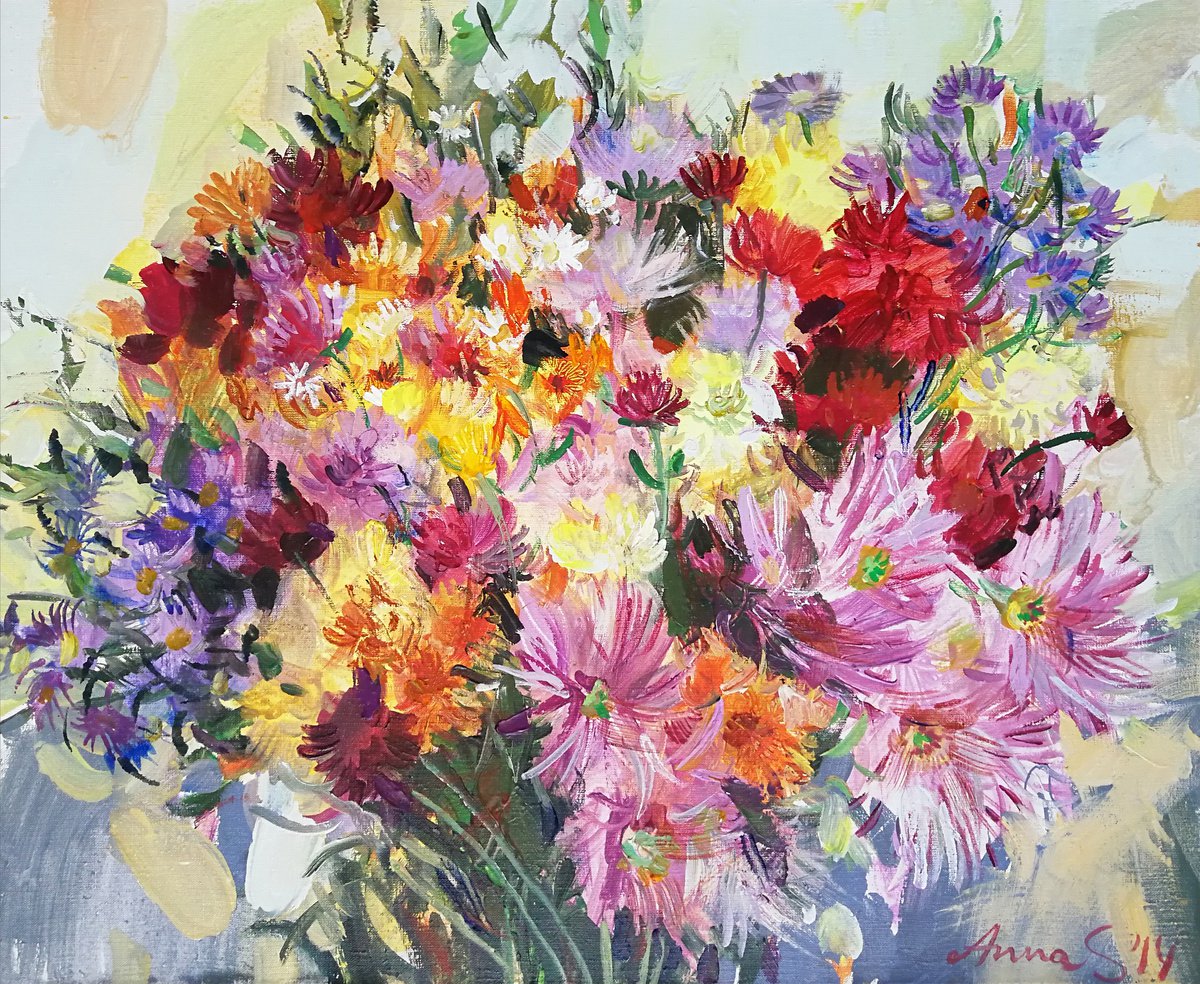Expressive Botanical Acrylic Painting By Anna Silabrama, 31 X 26, - Autumn Flowers - ?, Original Artwork