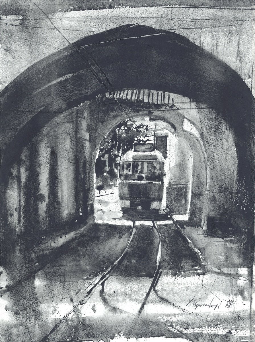 Graphic Cityscapes Painting By Yurii Prysiazhnyi, 12 X 16", The Tram, Original Artwork