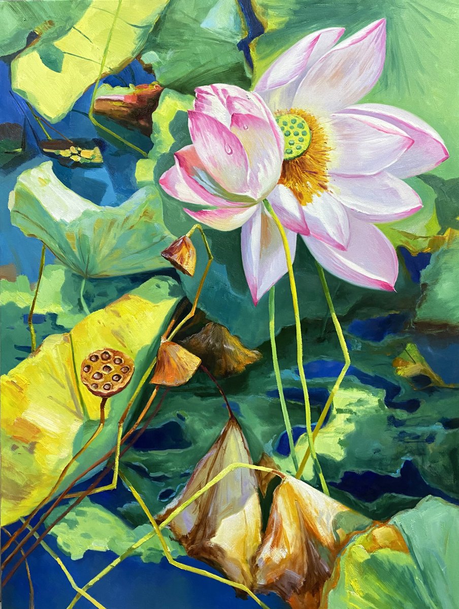 Impressionistic Botanical Oil Painting By Kunlong Wang, 35 X 47", Still Life Oil Painting:lotus T182, Original Artwork