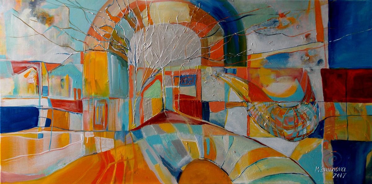 Impressionistic Landscape Acrylic Painting By Maria Paunova, 39 X 20", Our Love Is Here To Stay, Original Artwork