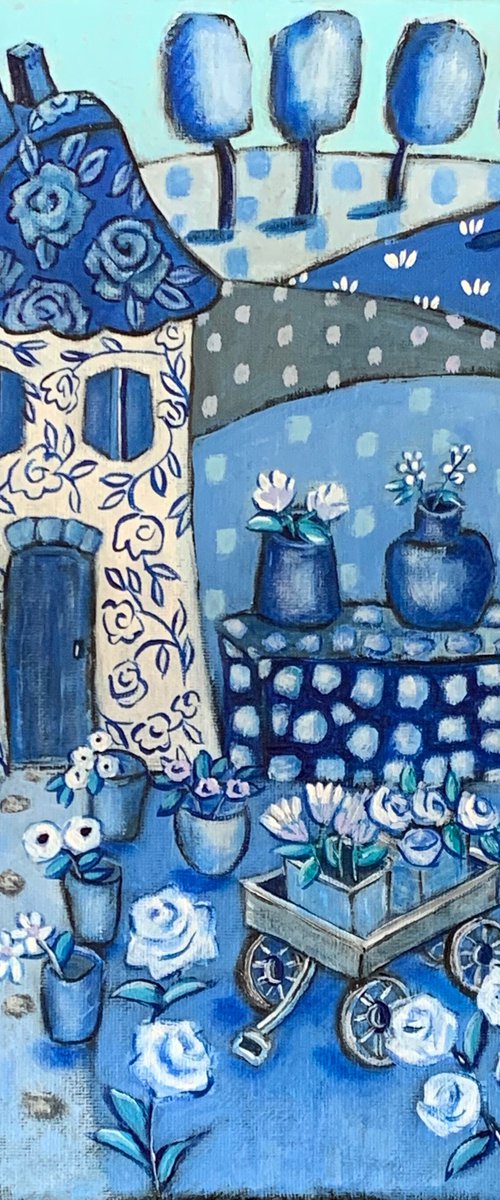 Blue Flowered Country Cottage by Holly Wojahn