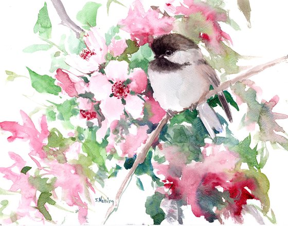 Chickadee and Spring Flowers