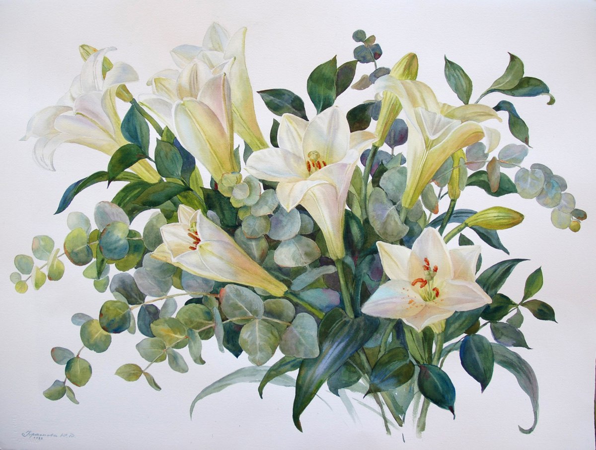 Photorealistic Botanical Watercolour By Yulia Krasnov, 30 X 22", Lilies And All Shades Of Green, Original Artwork