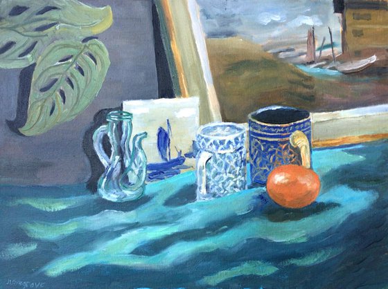 Still Life of a glass jug, some pots, a ceramic tile and a tangerine. Oil Painting