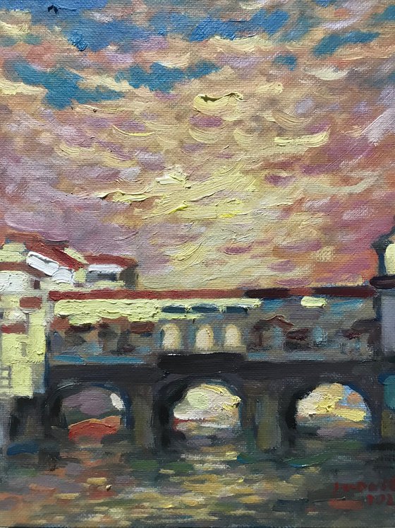 Original Oil Painting Wall Art Artwork Signed Hand Made Jixiang Dong Canvas 25cm × 30cm Ponte Vecchio in the Sunset small building Impressionism