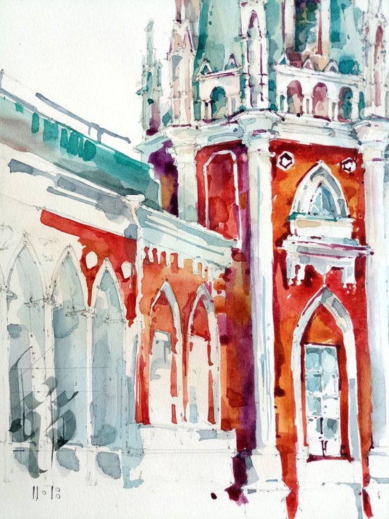 Architectural landscape "Tsaritsyno Park" original watercolor painting