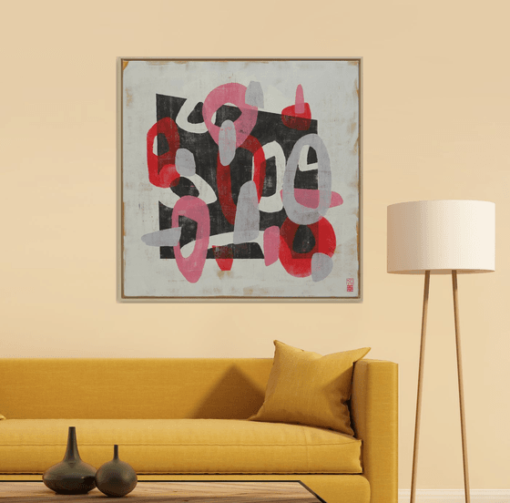 Round & Round in Red - Incl Frame - 95 x 95 cm - Ronald Hunter - 10J