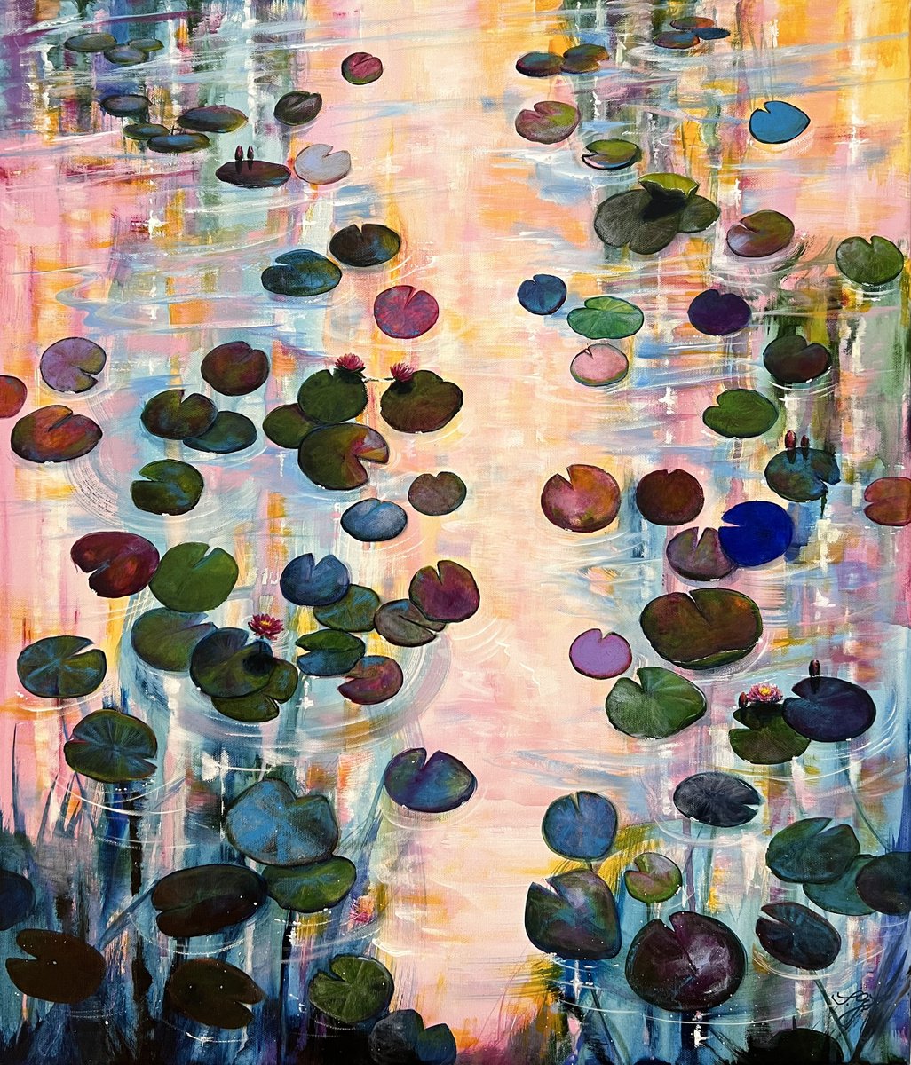Expressive Botanical Acrylic Painting By Sandra Gebhardt-Hoepfner, 24 X 28", Water Lilies At Sunset 9, Original Artwork