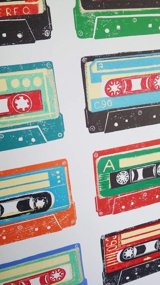 Linocut tapes #27 (cassette tapes, retro music, 70's, 80's rock culture)