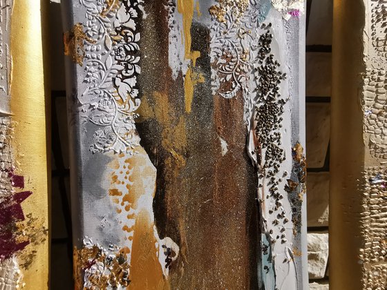 Shining gold leaf mixed medium painting with texture and beads. Metallic gilding wall art