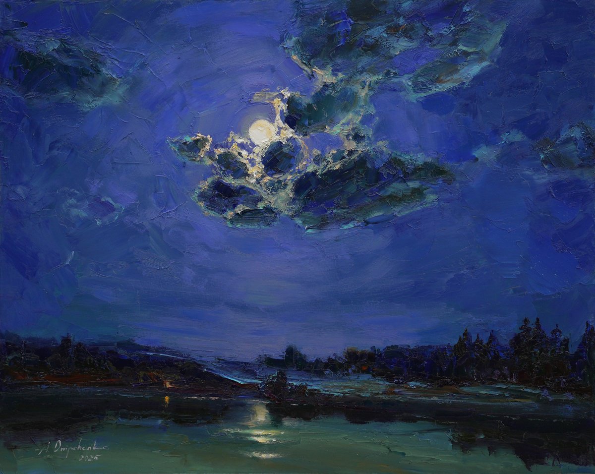 Impressionistic Landscape Oil Painting By Alisa Onipchenko-Cherniakovska, 20 X 16, Moon Over The Lake, Original Artwork