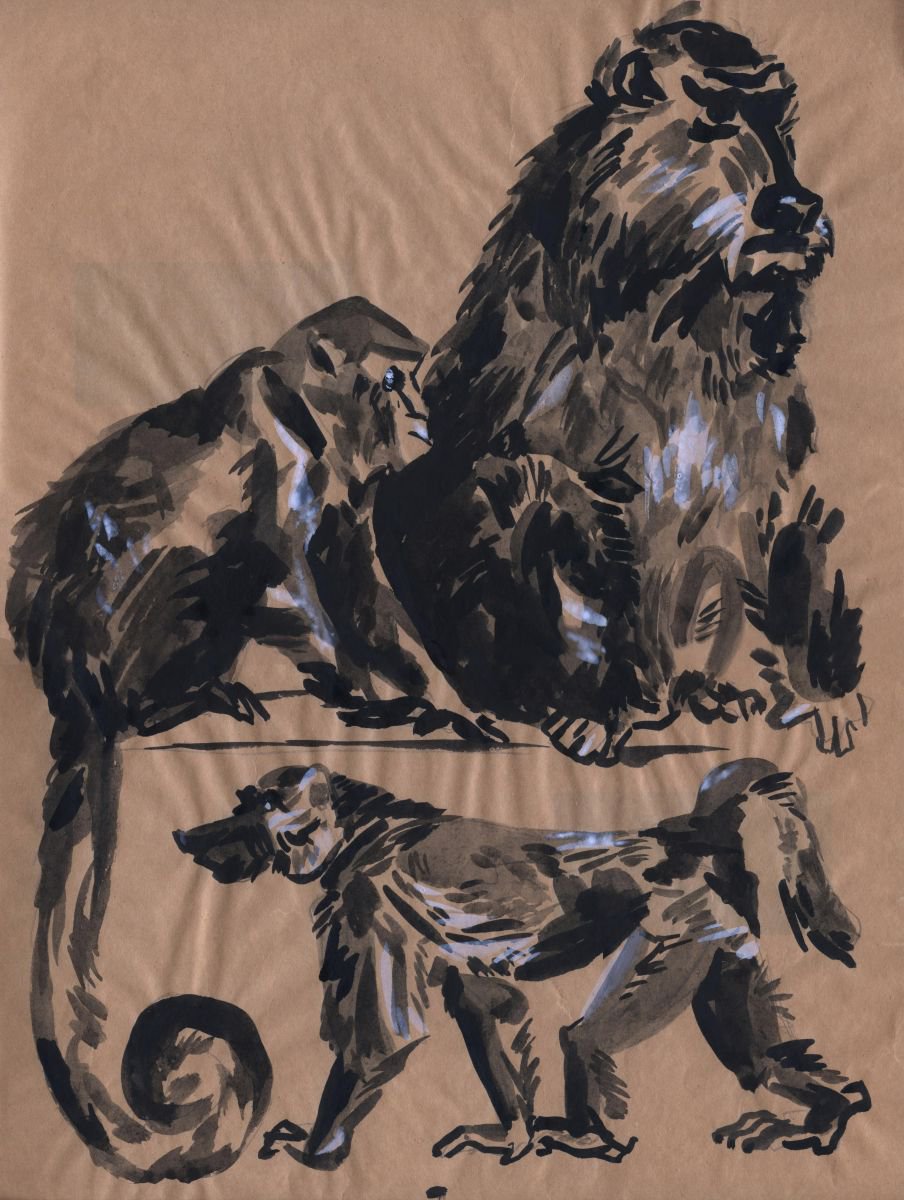 Graphic Animal Ink Drawing By Kateryna Bortsova, 11 X 17", Monkey Family, Original Artwork