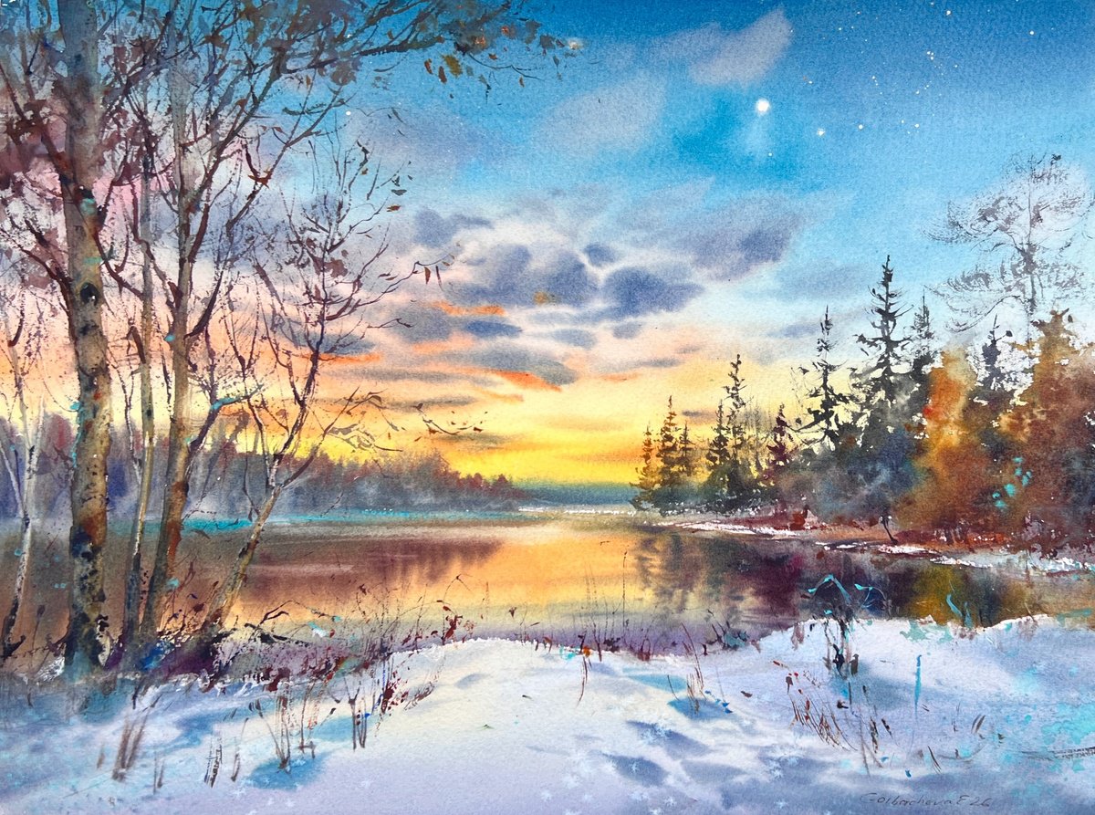 Impressionistic Watercolour , First Star Of Winter By Eugenia Gorbacheva, 16 X 12, Artwork For Sale On Artfinder