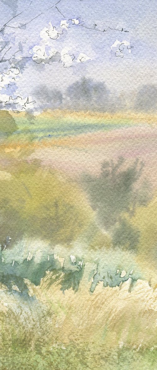 Spring view with blossoming branches / Original watercolor Warm tones Gift picture Small size landscape by Olha Malko