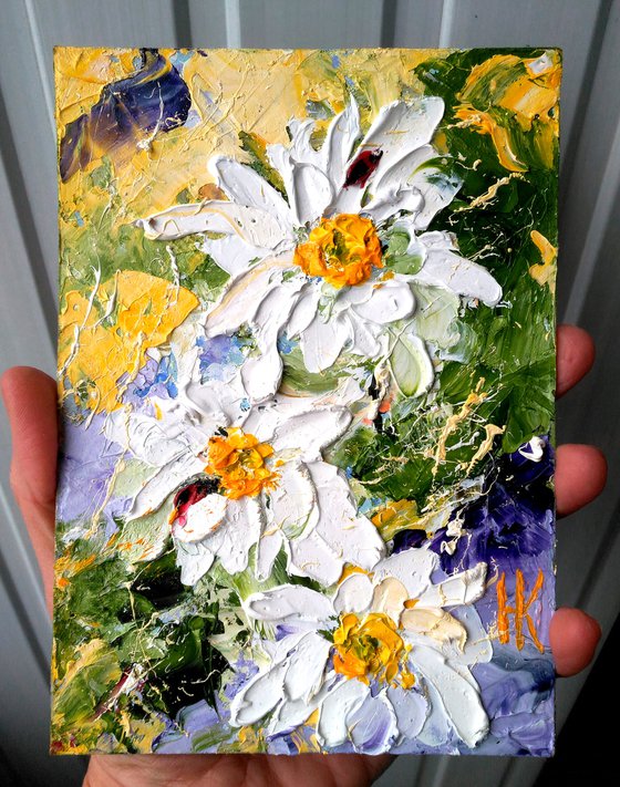 Daisy Painting Floral Original Art Ladybug Oil Impasto Artwork Chamomile Flower Small Home Wall Art 5 by 7" by Halyna Kirichenko