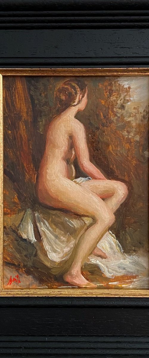 Old Master style female nude figure oil painting, with wooden frame. by Jackie Smith