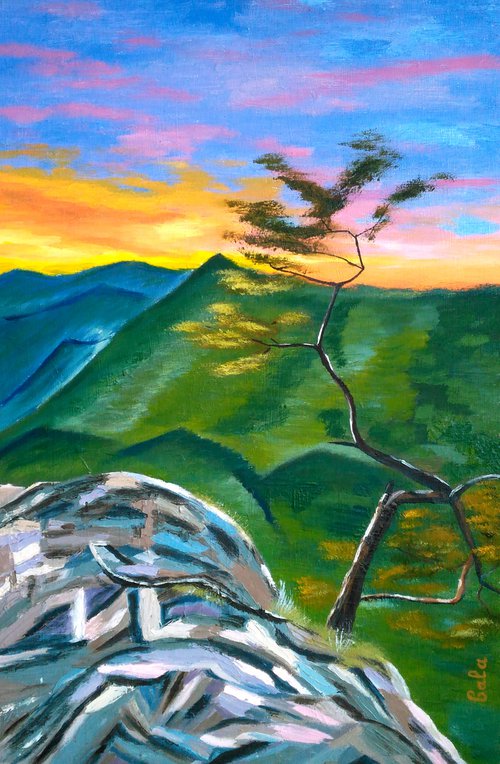 Carpathian Painting Ukraine Original Art Rocky Mountain Landscape Canvas Pine Tree Wall Art 16 by 24 inches by Halyna Kirichenko