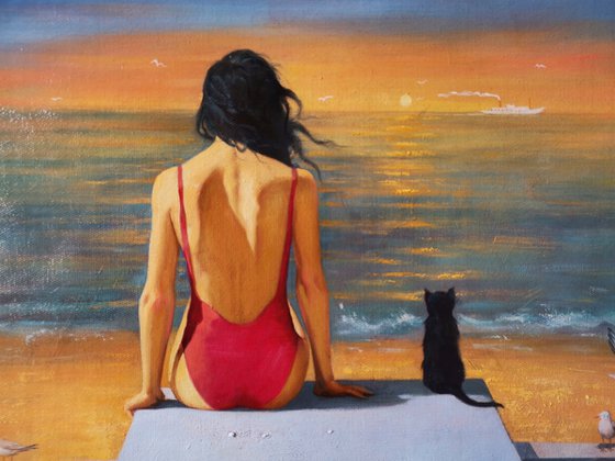 Oil painting-Watch the sunrise with my cat