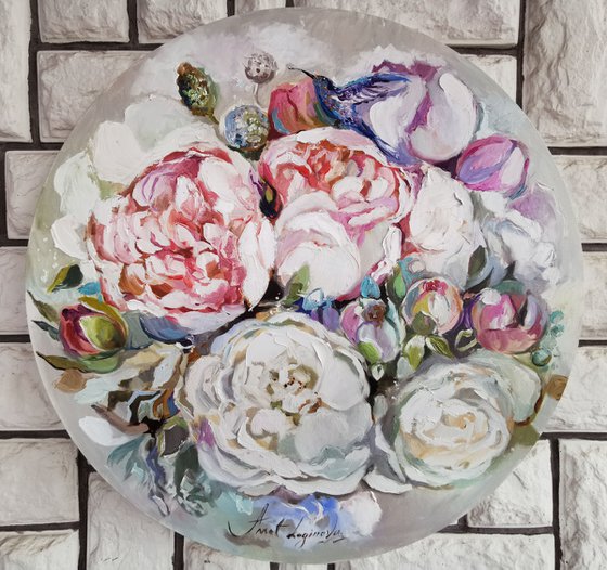 Peonies flowers painting on round canvas, Textural white floral painting