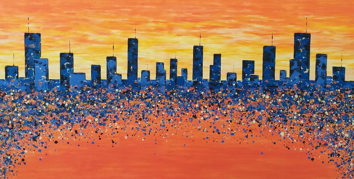 Abstract Cityscapes Acrylic Painting By Max Yaskin, 84 X 44", Megapolis 6 By M.y., Original Artwork