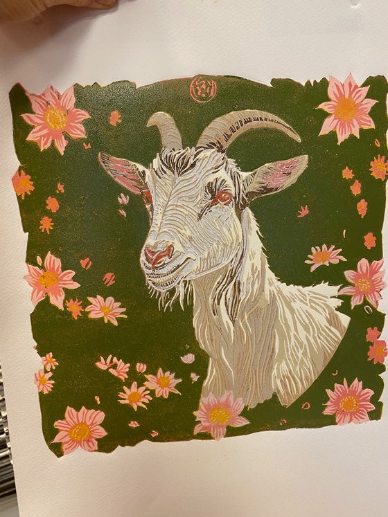 Goat – reduction linocut print