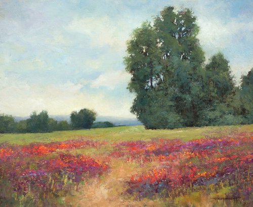 Red Flower Field 220809, trees and road path impressionist landscape painting by Don Bishop
