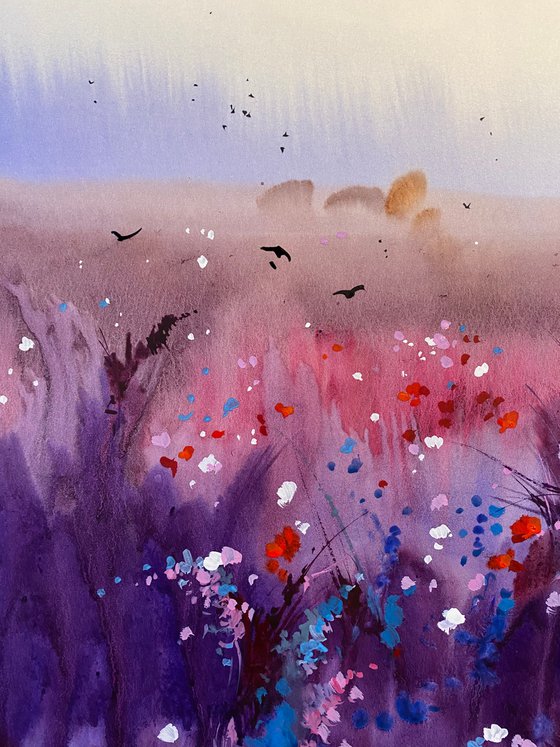Watercolor “Three wonders of Summer: rainbow, lavender and poppies” perfect gift