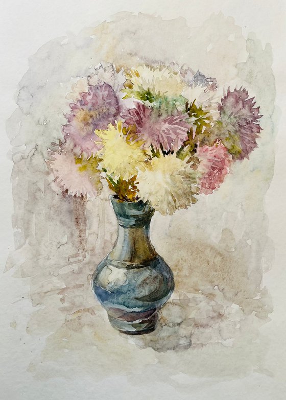 Bouquet of asters. Original watercolour painting.