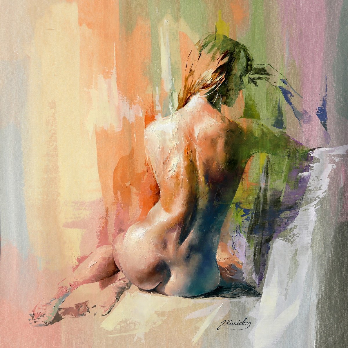 Impressionistic Portrait Oil Painting By Jonas Kunickas, 28 X 28, Jk24-0123 Memories, Original Artwork