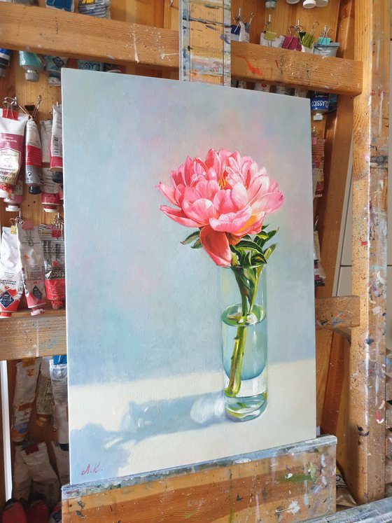 "Coral flashes. " peonies  flower  liGHt original painting  GIFT (2021)