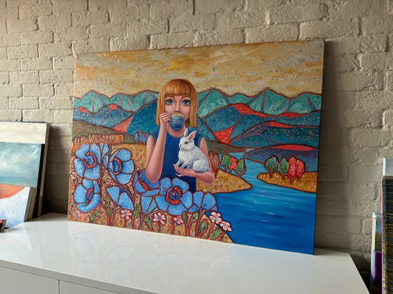 "Girl with a Rabbit" oil painting