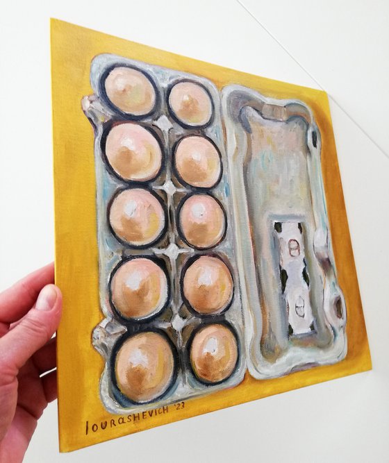 "Eggs in a Carton" Original Oil on Canvas Board Painting 12 by 12 inches (30x30 cm)