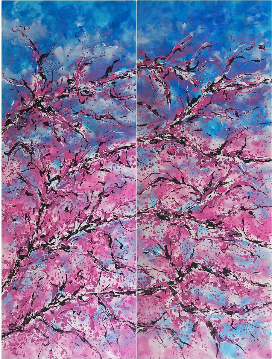 Abstract Acrylic Painting By Max Yaskin, 64 X 84", Sakura Diptych By M.y., Original Artwork