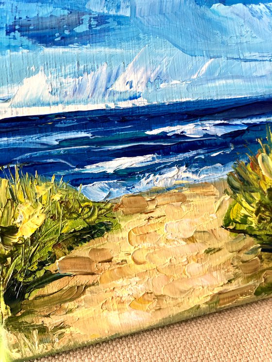 WALKING TO THE BEACH, Original Textural Impressionist Square Mini Landscape Oil Painting