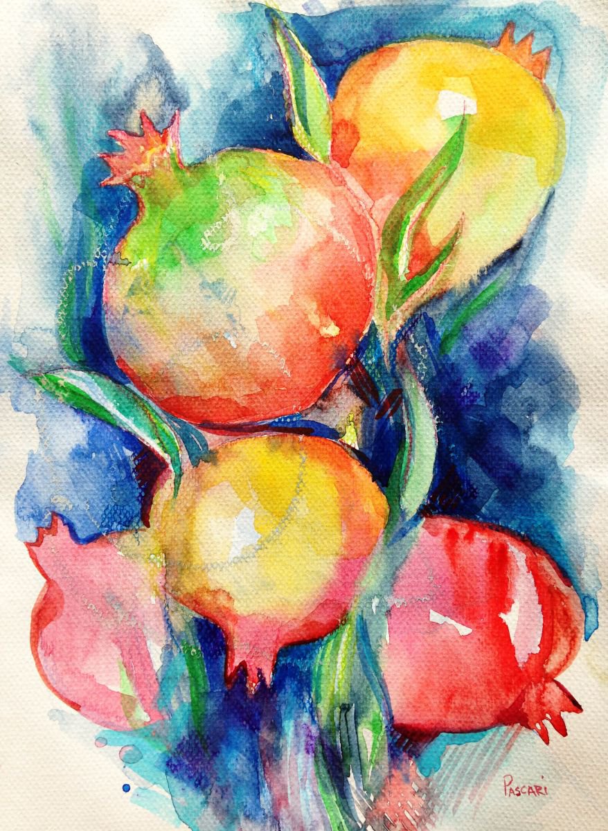 Expressive Botanical Watercolour By Olga Pascari, 8 X 11", Pomegranate, Original Artwork
