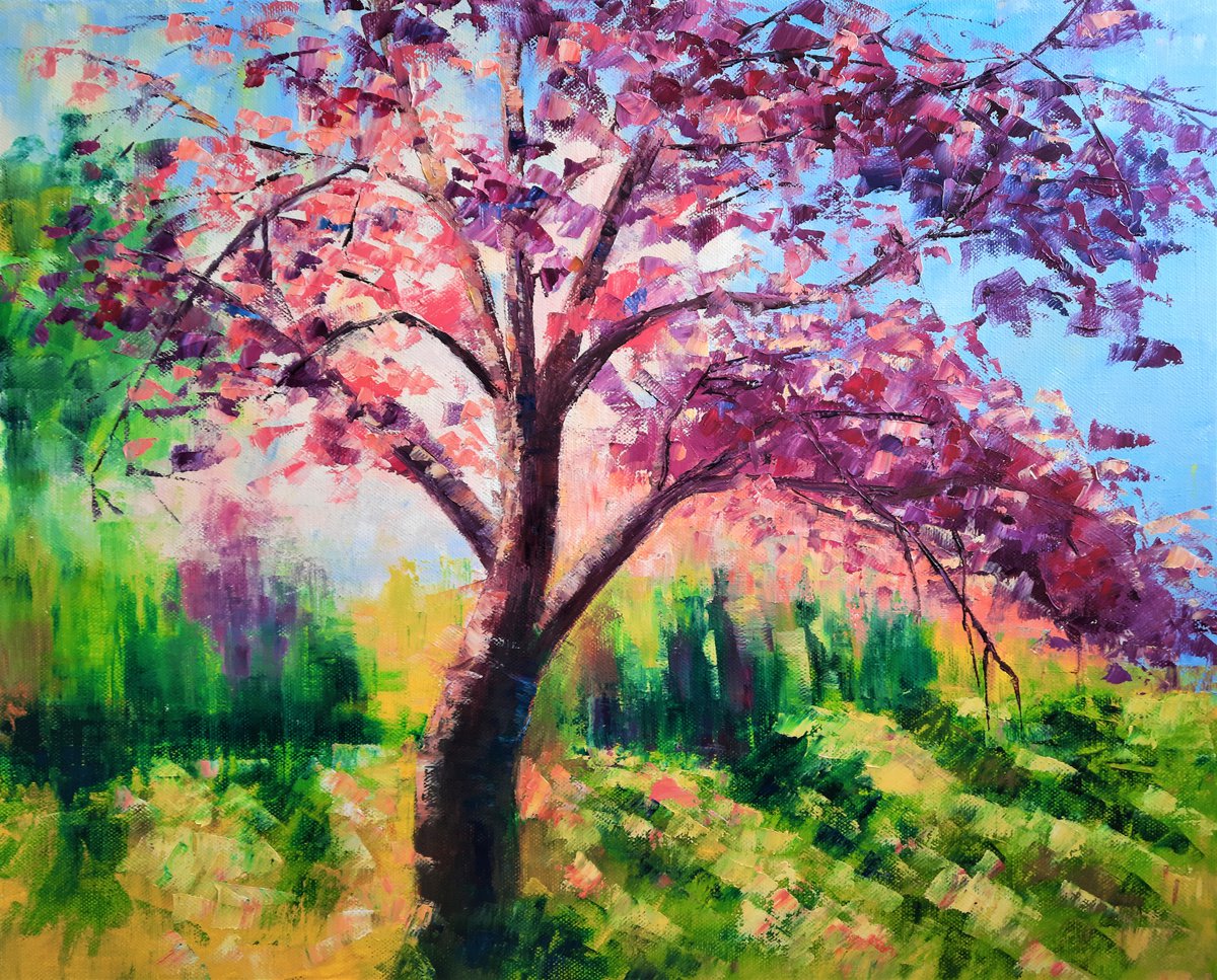 Rose tree - tree in bloom, pink blossom, spring impression, oil painting, home decor, orig... by Elena Bondareva