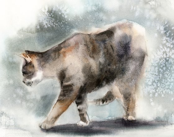 Walking Cat Watercolor Painting