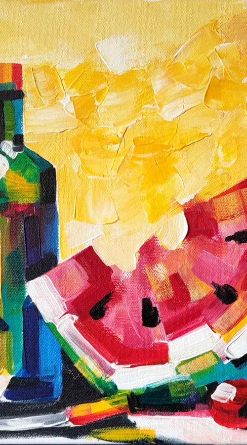 Midsummer Wine Still Life with Watermelon by Ion Sheremet