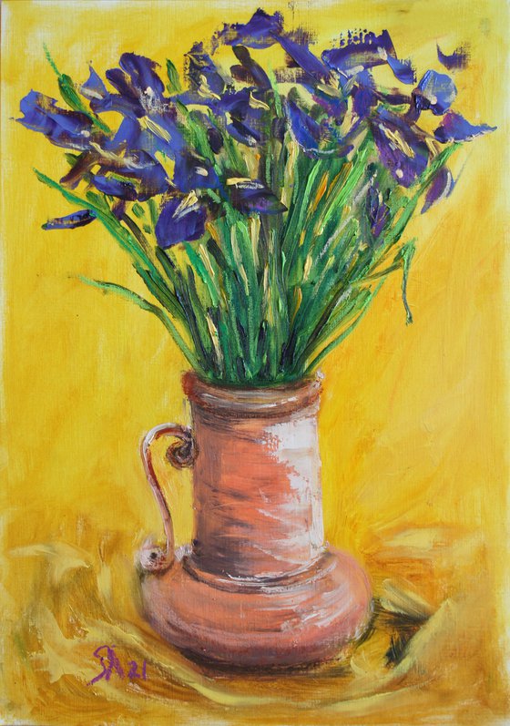 Irises in a Clay Vase I /  ORIGINAL PAINTING