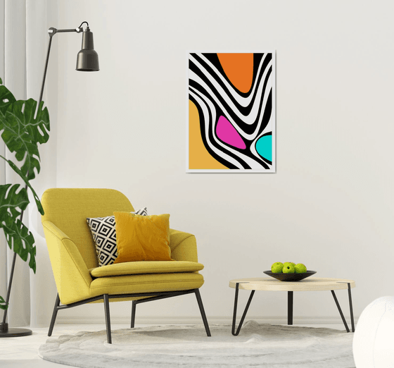 Abstraction artwork zebra multi-colored yellow pink blue black stripes