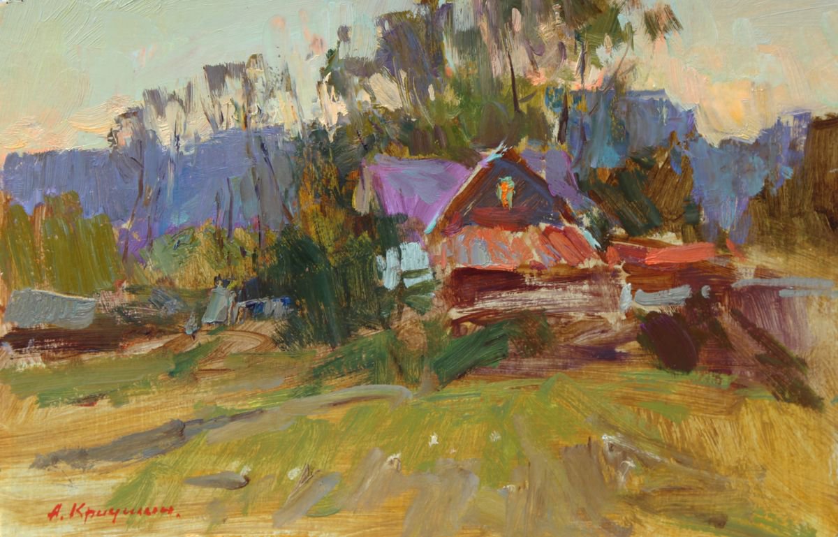 Impressionistic Landscape Oil Painting By Aleksandr Kryushyn, 17 X 11, Autumn Evening In The Village, Original Artwork