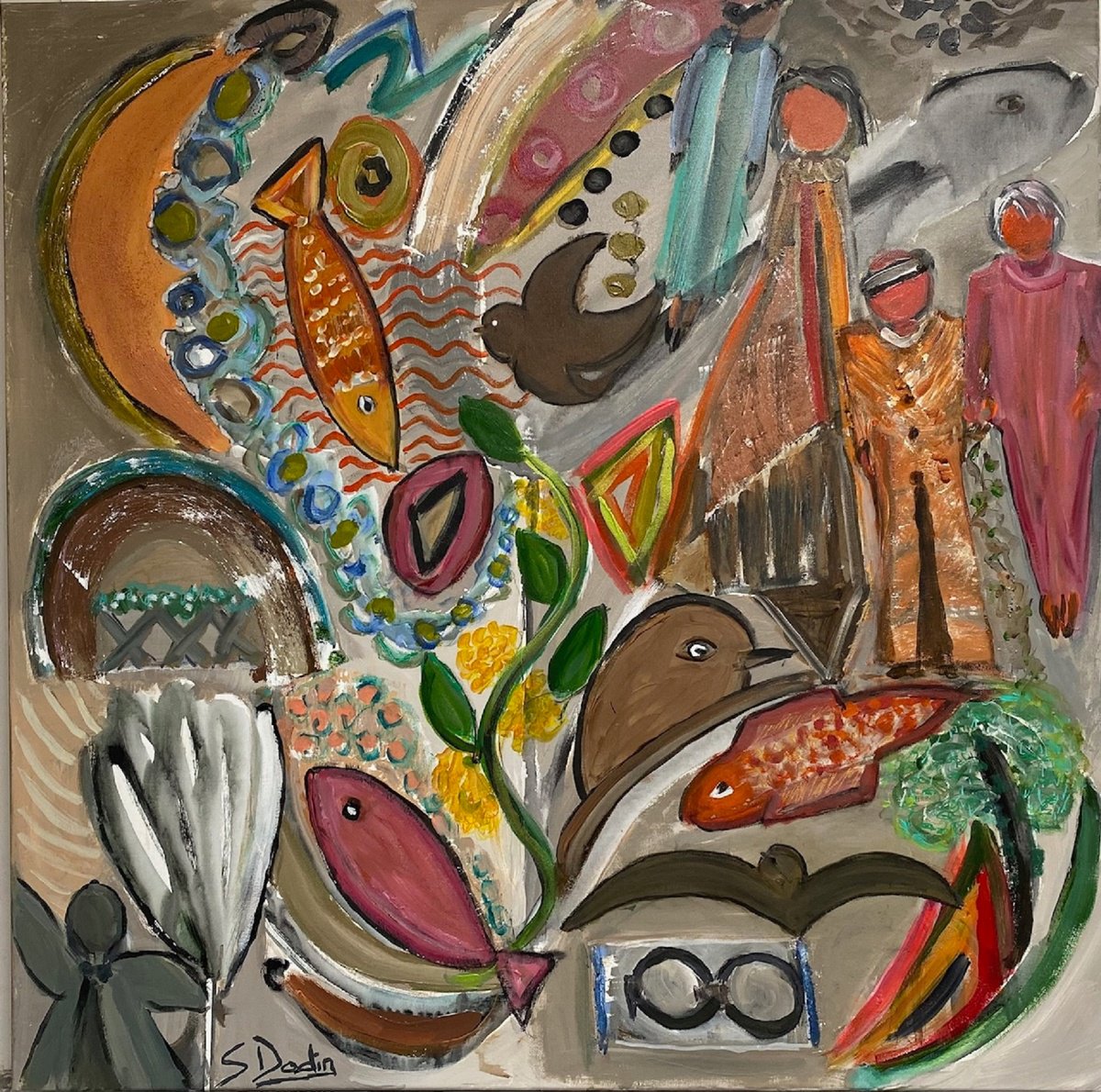 Abstract Acrylic Painting By Sylvie Dodin, 39 X 39", Humans And Animals, Original Artwork