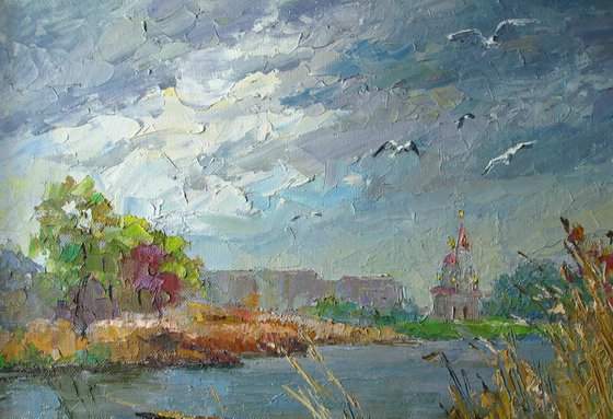 Gulls over the river. Dry Kagamlyk